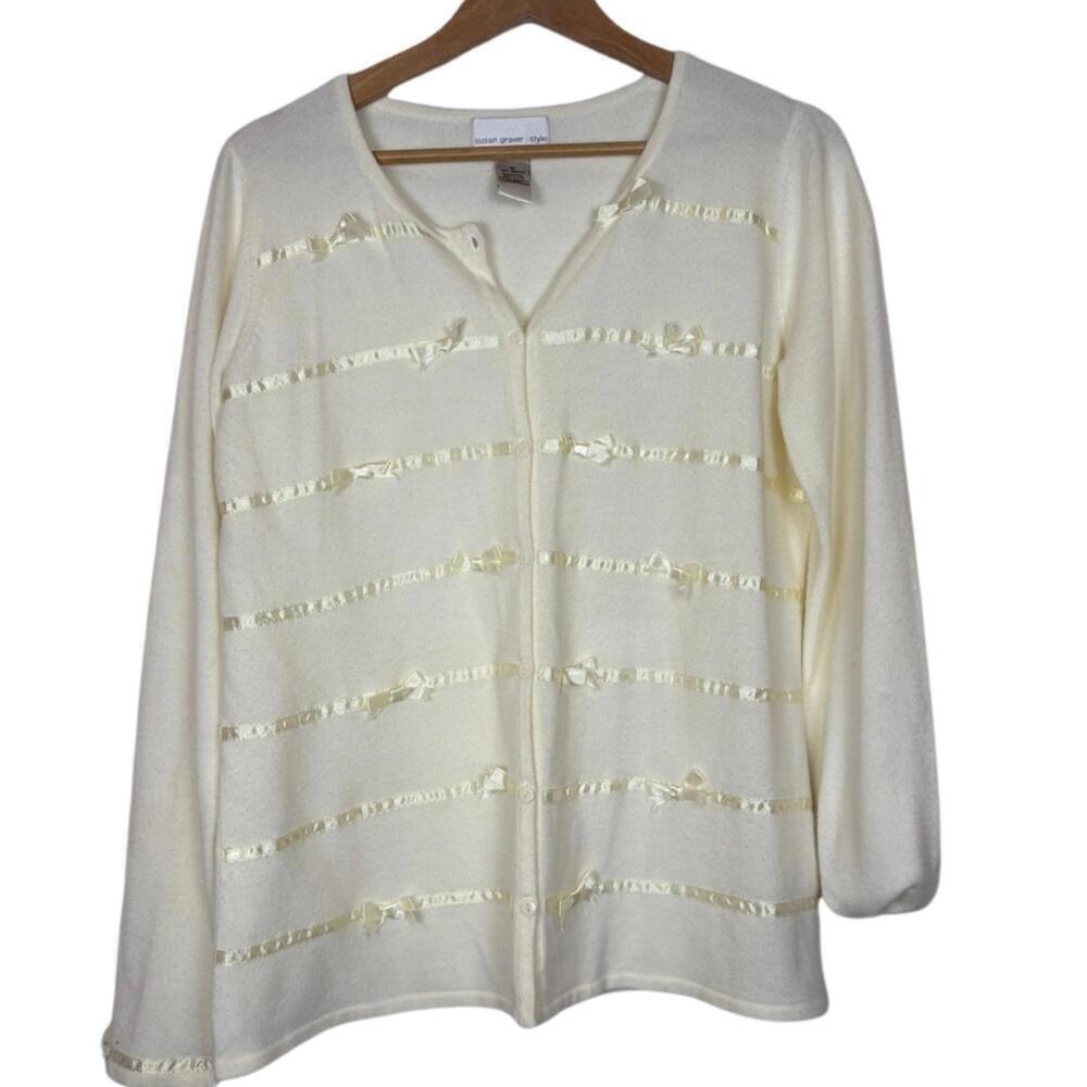 Susan Grave Size: M Cream Satin Striped Bow Cardigan